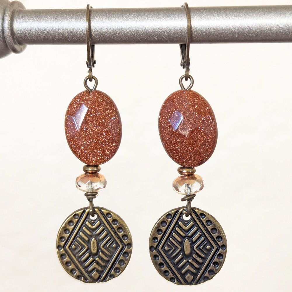 Southwestern Rust Orange Sparkle Sandstone Antique Brass Dangle Earrings